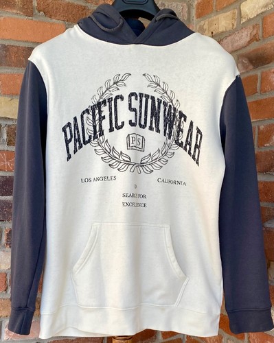 OFF WHITE XCLNT! Felpa con cappuccio pullover Pacific Sunwear Arch logo bianco sporco e marino!