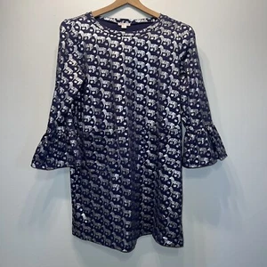 Crewcuts Girl’s Size 12 Navy Blue Metallic Silver Zebra Print Bell Sleeve Dress - Picture 1 of 7