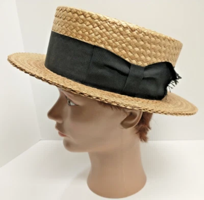 Vintage Antique Mens JOHN COURTLEIGH Woven Straw Boater Skimmer Hat Size 6 7/8 - Image 1 of 4