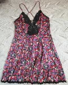 Vintage 80er Vanity Fair Spitzen Slip Damen M schwarz rosa Blumen Negligee Kleid USA - Bild 1 von 8