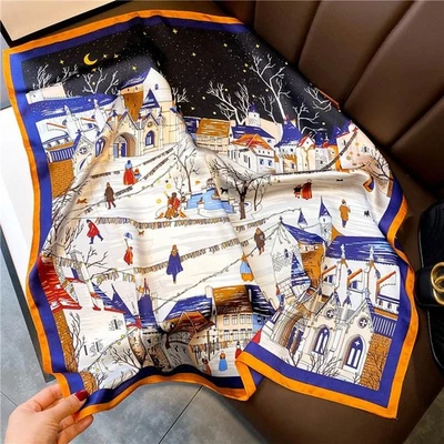 Pañuelo cuadrado 100 % seda morera 27" mujer pañuelo pañuelo pañuelo pintura de Navidad Foto 1 de 4