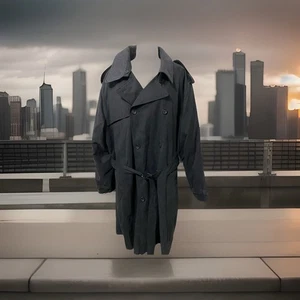 Vintage London Fog Men's Double Breasted Belted Trench Coat 44R Long Black NWT - Picture 1 of 9