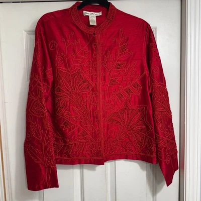Chaqueta Blazer De Colección Norm Thompson Roja Seda Bordada Talla Grande Ojal Ornamentado Foto 1 de 4