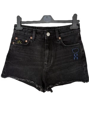 Monki Black Denim Shorts Embroidered Designs Frayed Hem Size 26 - Image 1 of 3