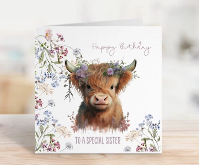Tarjeta de cumpleaños personalizada hermana hija amiga sobrina diseño de vaca Highland 1 Foto 1 de 2