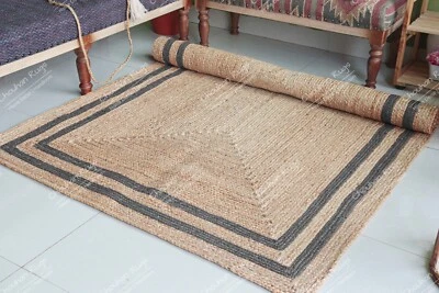 Natural Hand Braided Jute Rug Beige & Lite Gray Double Border Kitchen Area Rugs - Image 1 of 4