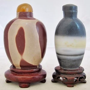 2 Chinese Carved Stone Snuff Bottles ~ 1 with Carnelian Agate (2.9" & 2.8" tall) - Picture 1 of 12