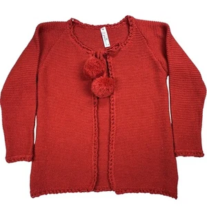 Franeamacrina Crochet Girls Red Orange Knit Cardigan Open Front Pom-Pom Ties - Picture 1 of 12