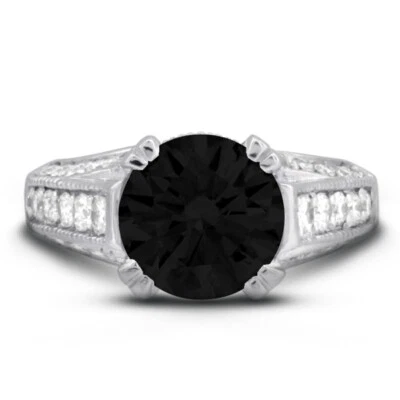 4.19ct Black  Round Natural Diamonds 18k  Vintage Style Side-Stone Ring - Image 1 of 4