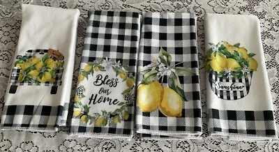 Unbranded Kitchen Hand Towels 17x27 Set Four (4) LEMONS Black/White Check Preown - Image 1 of 4