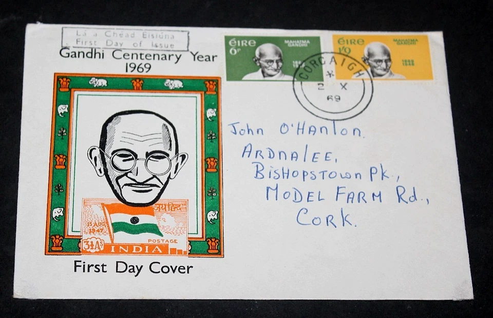 ИРЛАНДИЯ 1969 ГАНДИ ЦЕНТ ГОД НАБОР ИЗ 2 ВЫПУСКОВ ОБЛОЖКА ПЕРВОГО ДНЯ, - Изображение 1 из 1