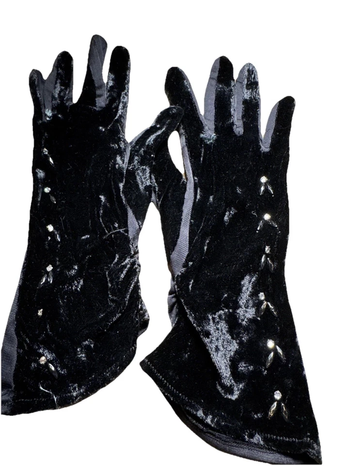 Guantes negros de terciopelo Fownes vintage talla 6 pedrería seda rayón nailon Foto 1 de 4