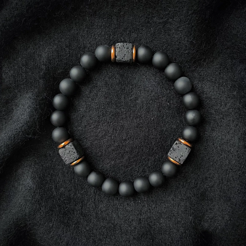 Mens Premium Matte Black Onyx with Lava Beads Grounding Protection Bracelet - Image 1 of 4