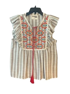 Savanna Jane Sz S Beige Red Tassle Tie Striped Embroidered Boho Blouse - Picture 1 of 7