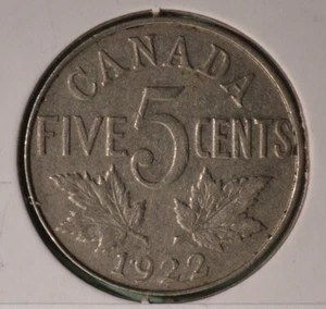 1922 - Canada 5 Cents - Nickel - Circulated - Nice Coin Album Collectable 🇨🇦 - Foto 1 di 2