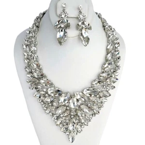 FASHION WOMEN STATEMENT NECKLACE EARRINGS EVENING JEWELRY CRYSTALS DRAG QUEEN - Picture 1 of 2