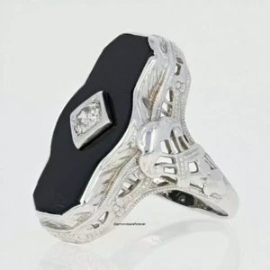 Art Deco Black Onyx & Mine Cut Cubic Zirconia 18.26TCW Filigree Milgrain Ring - Picture 1 of 6