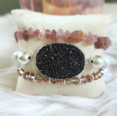 NWT Ryze Natural Stone Black Druzy, Howlite, & Quartz Beaded Staxx Bracelets - Image 1 of 4