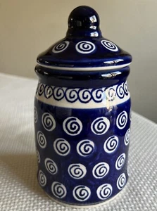 Boleslawiec Polish Pottery Lidded Sugar Bowl Honey Pot Mustard Jam Jar Blue 6” - Picture 1 of 6