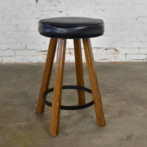 Brandt Ranch Oak Bar Stool Acorn Brown Finish & Black-Brown Faux Leather Seat Cover