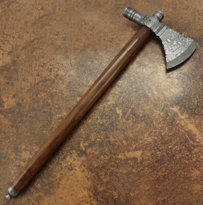 CUSTOM HANDMADE RARE PIPE TOMAHAWK AXE HATCHET DAMASCUS STEEL WITH ARC SHEATH - Image 1 of 4
