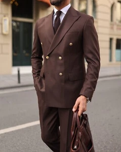 Hombre Traje Marrón Doble Pecho Pico Solapa Baile de graduación Fiesta Novio Esmoquin Boda Personalizado - Imagen 1 de 8