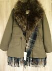 Zara Woman Khaki Check Parka Coat With Removable Faux Fur Lining Size S £119