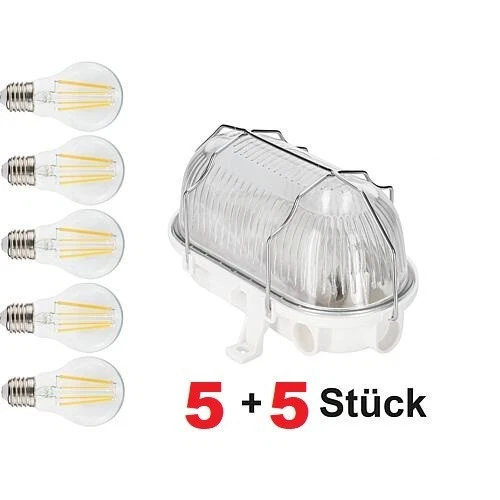 5 Stück Ovalleuchte E27 / 60W Kellerlampe  + 5 Stück LED-Filament-Lampe E27 - Bild 1 von 1