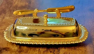Vintage  Irvinware Gold-Tone Butter Dish W/Lid & Butter Spreader Glass Insert - Picture 1 of 22