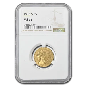 1913-S $5 Indian Gold Half Eagle MS-61 NGC - Picture 1 of 3