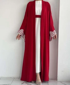 Dubai Women Long Inner Dress Abaya Open Kimono Lace 2Pcs Set Kaftan Turkey Robe - Picture 1 of 17