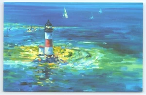 Postcard Painting of Lighthouse and Sailboats - Picture 1 of 3
