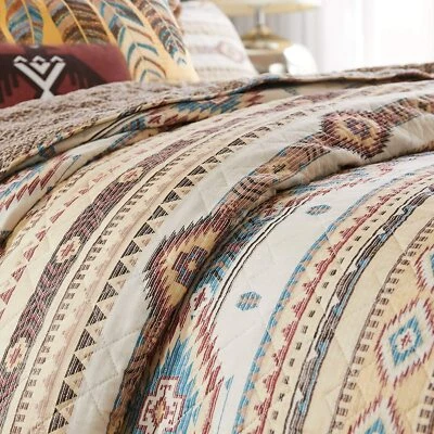 GREENLAND SOUTHWESTERN PHOENIX 3p King QUILT SET : BROWN TURQUOISE SOUTHWEST NATIVE TRIBAL