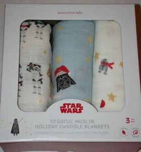 Pottery Barn Baby Disney Star Wars Holiday Muslin Swaddle Blankets Set of 3 Xmas - Picture 1 of 6