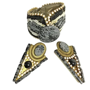 VTG HANSEN Signed 1988 Obsidian Stone Beaded Cuff Bracelet Clip-On Earrings Set - Picture 1 of 16