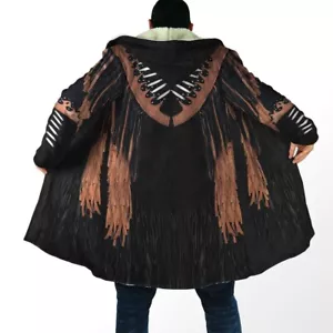 Black Suede Motifs Native American 3D All Over Printed Hooded Cloak Coat - Picture 1 of 3