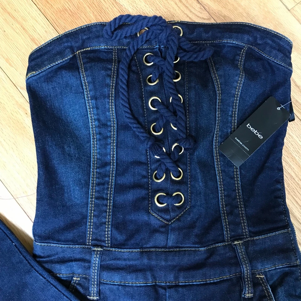 Bebe NWT Lace Up Denim Catsuit - Image 1 of 4
