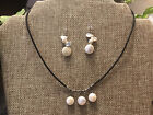 ESTATE STERLING SILVER COIN PEARL CORD NECKLACE 15.5-16.5” & EARRING 1.5” SET