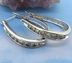 .96 ctw Diamonds Round Cut 14k White Gold Hoop Channel Set Earrings - Picture 1 of 4
