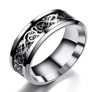 Men Stainless Steel Dragon Ring Inlay Carbon Fiber Ring Wedding Band Jewelry