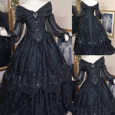 Vintage Gothic Black Wedding Dresses Off Shoulder Long Sleeve Bridal Gowns 18W - Image 1 of 4