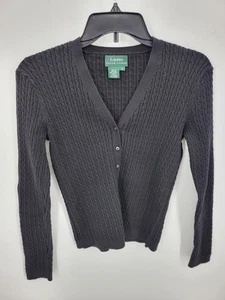 Lauren Ralph Lauren Cardigan Sweater Womens Small Black Cable Knit Button Front - Picture 1 of 9