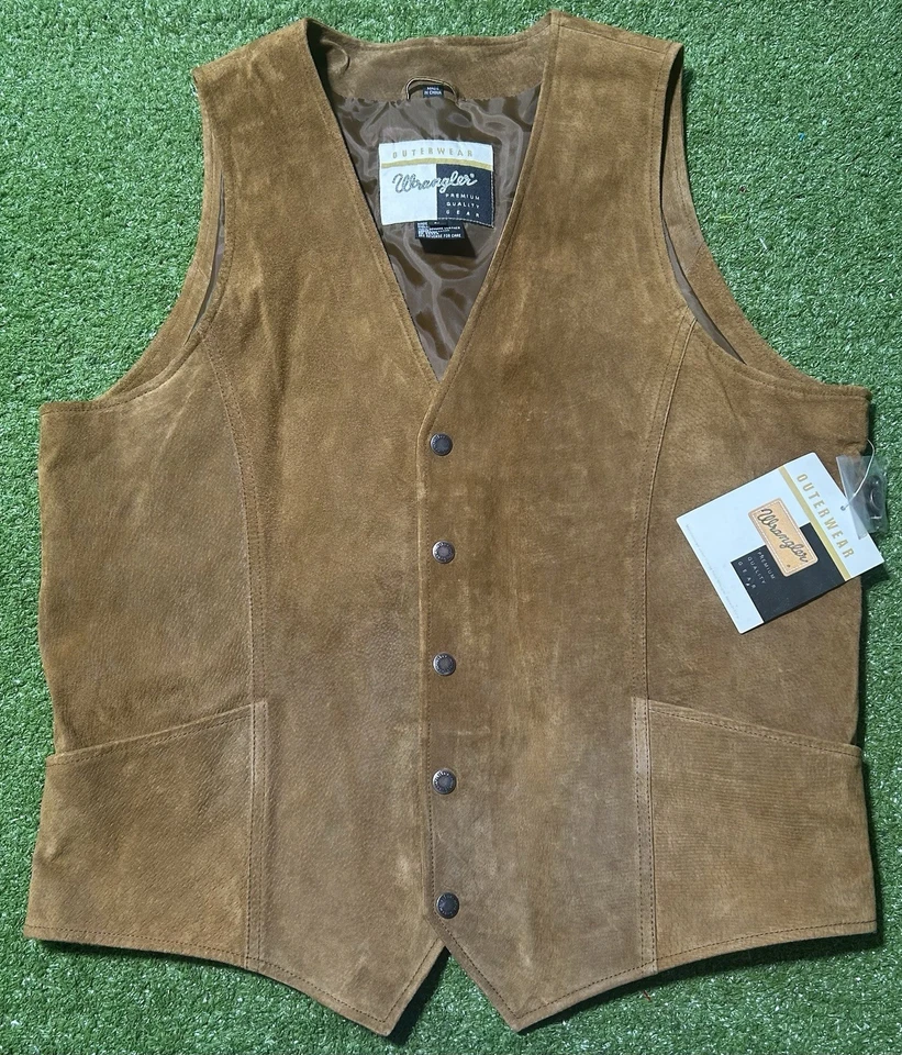 复古牧马人外套皮革背心棕色牛仔西部男式大号全新 — 第 1/4 张图片