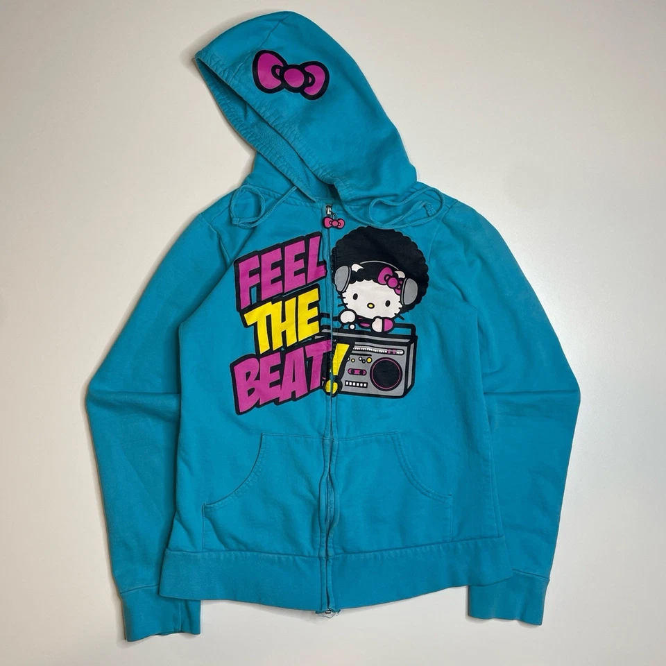 Винтажная куртка с капюшоном Y2K Hello Kitty Sanrio Music Beat L бант РЕДКАЯ - Изображение 1 из 4