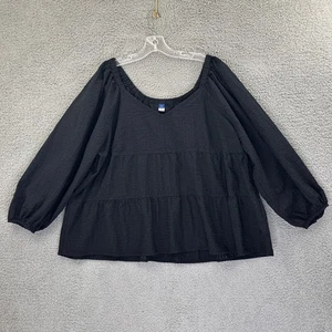 Old Navy Tiered Seersucker Long Sleeve Swing Top Black Peasant Cottage Women XXL - Picture 1 of 8
