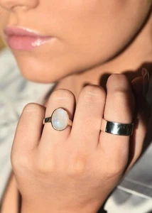 Moonstone Ring Large Gemstone Oval Statement Ring in Sterling Silver Blue Flash - Picture 1 of 7