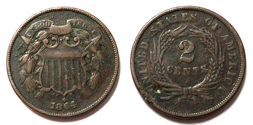 1864 ERROR INVERTED REVERSE 358° ROTATED USA 2 CENT VG COIN - Image 1 of 3