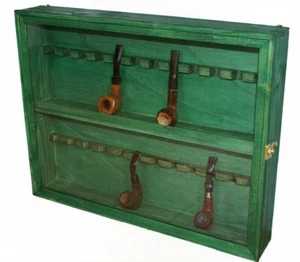 Pfeifenvitrine 24-Sitzer Holz Pinnwand grün Pfeifenständer Regal - Bild 1 von 6