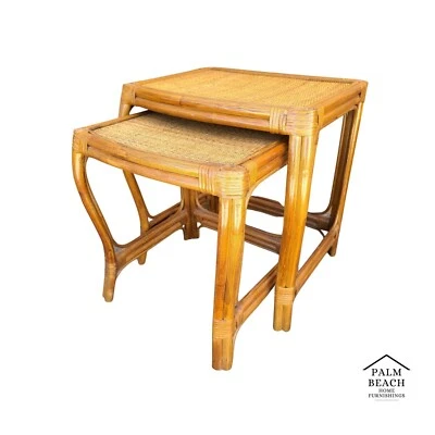 Vintage French Country Bamboo Wicker Rattan Nesting Tables - Image 1 of 4