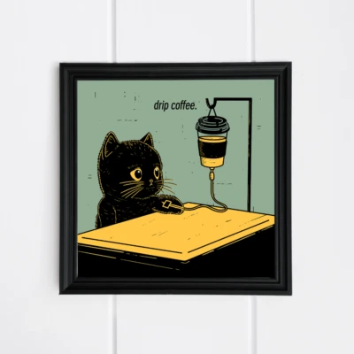 Gato negro con café - Decoración de cocina peculiar, arte de pared humorístico Foto 1 de 4